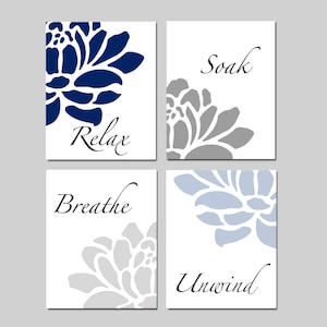 Relax Soak Unwind Bathroom Decor, Bathroom Wall Art Navy Bathroom Decor Blue Bathroom Art Floral - Set of 4 Floral Bathroom Prints or Canvas