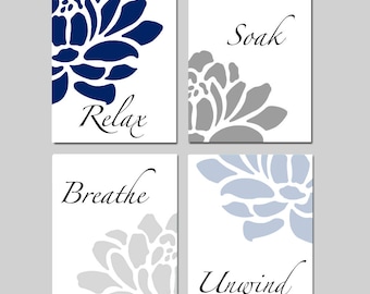 Relax Soak Unwind Bathroom Decor, Bathroom Wall Art Navy Bathroom Decor Blue Bathroom Art Floral - Set of 4 Floral Bathroom Prints or Canvas