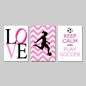 Girl Soccer Gifts Girl Soccer Decor Girl Soccer Art Soccer Room Decor Soccer Wall Art Set of 3 Soccer Prints for Girl PRINTS OR CANVAS pinks / black