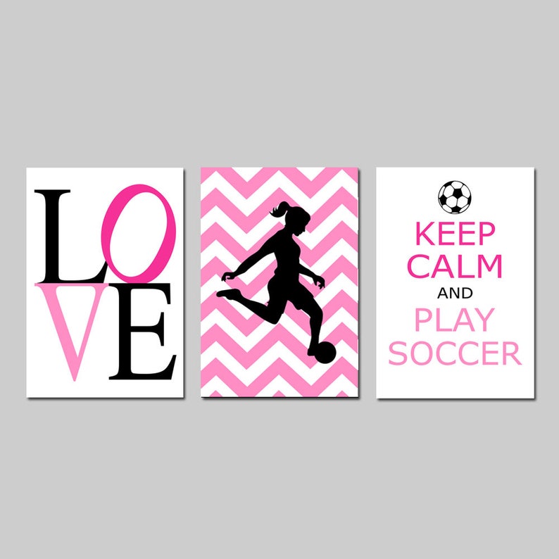 Girl Soccer Gifts Girl Soccer Decor Girl Soccer Art Soccer Room Decor Soccer Wall Art Set of 3 Soccer Prints for Girl PRINTS OR CANVAS pinks / black