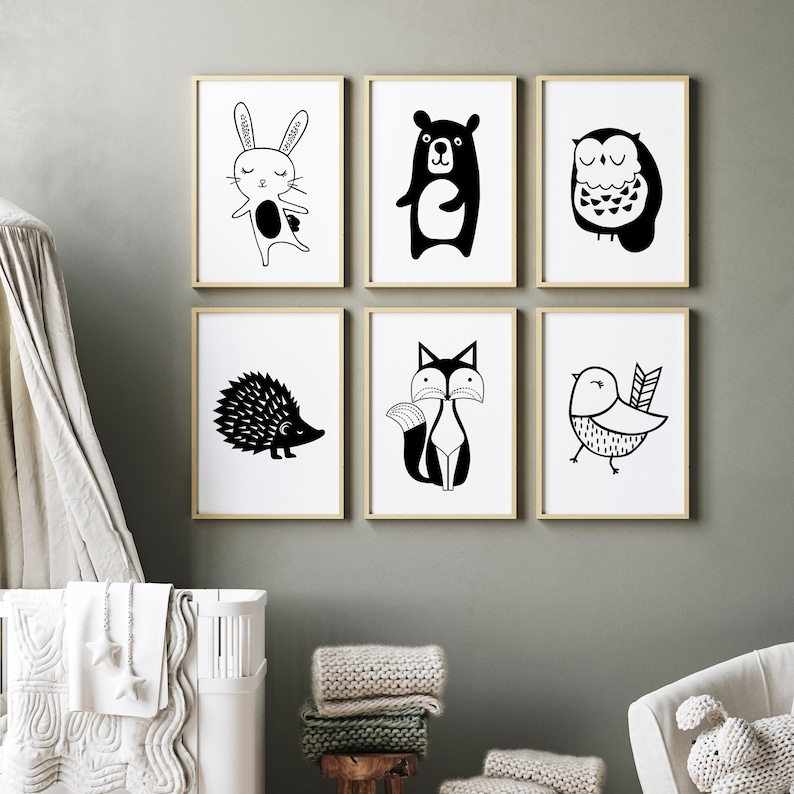 Black and White Woodland Nursery Prints Black and White Etsy