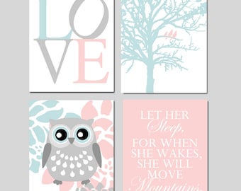 Baby Girl Nursery Art, Love Print, Birds in a Tree Print, Floral Owl Nursery Art, Let Her Sleep Quote, Set of Four Nursery Prints or Canvas