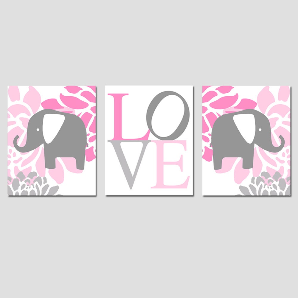Nursery Art Prints Trio Baby Girl Floral Elephant Love Etsy