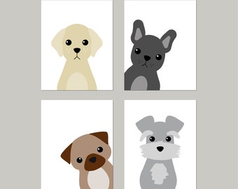 Cute Dog Pictures for Nursery Art, Dog Art for Kids Room Decor, Puppy Dog Nursery Decor, Dog Wall Art Set of 4 Puppy Prints or Puppy Canvas