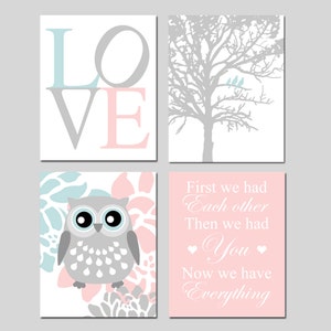 Baby Girl Nursery Art Quad Love, Birds in a Tree, Floral Owl, First We Had Each Other Quote Set of Four Owl Nursery Prints or Canvas Art gray tree/pink quote