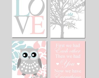 Baby Girl Nursery Art Quad - Love, Birds in a Tree, Floral Owl, First We Had Each Other Quote - Set of Four Owl Nursery Prints or Canvas Art