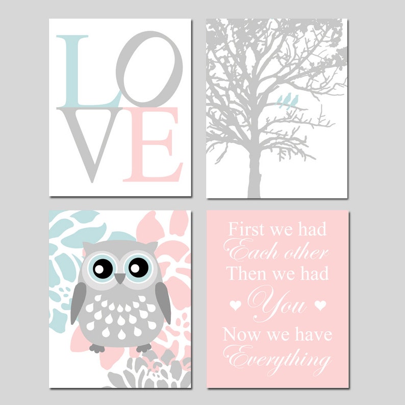 Baby Girl Nursery Art Quad Love, Birds in a Tree, Floral Owl, First We Had Each Other Quote Set of Four Owl Nursery Prints or Canvas Art gray tree/pink quote