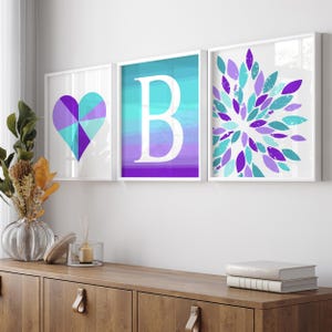 Wall Art for Teen Girls Room Decor Purple Teal, Personalized Gift for Tween Girl Bedroom Decor, Set of 3 Modern Heart Art PRINTS OR CANVAS