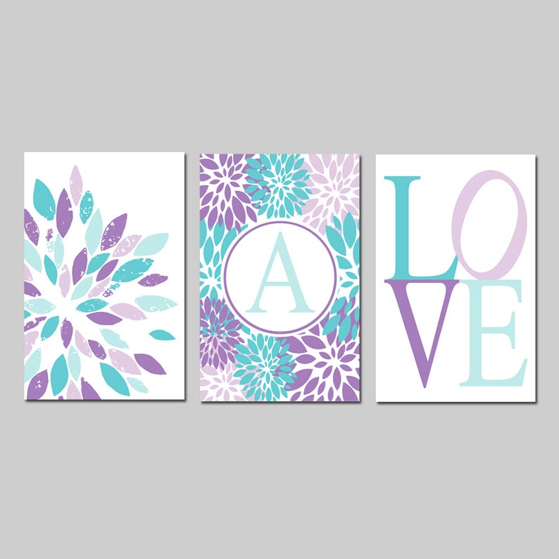 Aqua and Purple Nursery Art, Girl Nursery Decor Lavender, Flower LOVE ...