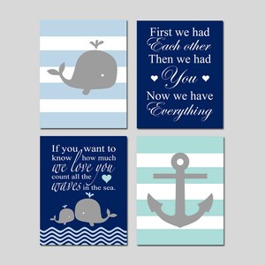 Ocean Nursery Art Ocean Nursery Decor Whale Nursery Art Whale Nursery Decor Nautical Nursery Art Baby Boy Set of 4 PRINTS OR CANVAS Art powder/mist stripes