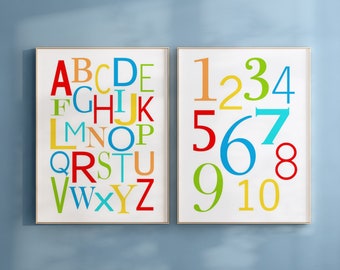 Set of Two 8x10 Prints - Alphabet and Numbers - Modern Nursery - Kids Wall Art - CHOOSE YOUR COLORS