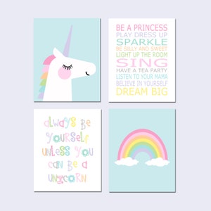 Unicorn Wall Decor Unicorn Wall Art Unicorn Decor for Girls Bedroom, Rainbows and Unicorns Sign, Set of 4 Unicorn Canvas Art Unicorn Prints