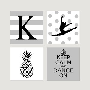 May include: Four black and white printable wall art prints. The first print has a black letter K on a gray and white striped background. The second print has a black silhouette of a gymnast on a white background with gray polka dots. The third print has a black and white pineapple on a white background. The fourth print has the text "Keep Calm and Dance On" in black on a gray background.