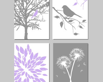 Lavender Purple Gray Baby Girl Nursery Art Quad, Bird in a Tree, Bird on a Branch, Abstract Floral, Dandelions, Set of Four Prints or Canvas