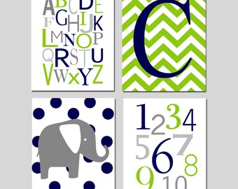 Navy Blue Lime Green Nursery Art - Chevron Initial, Alphabet, Numbers, Polka Dot Elephant Decor - Set of Four 8x10 Prints or Canvas Art