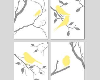 Bird Art Yellow and Grey, Bird Wall Art, Nature Decor, Guest Bedroom Art, Set of 4 PRINTS OR CANVAS