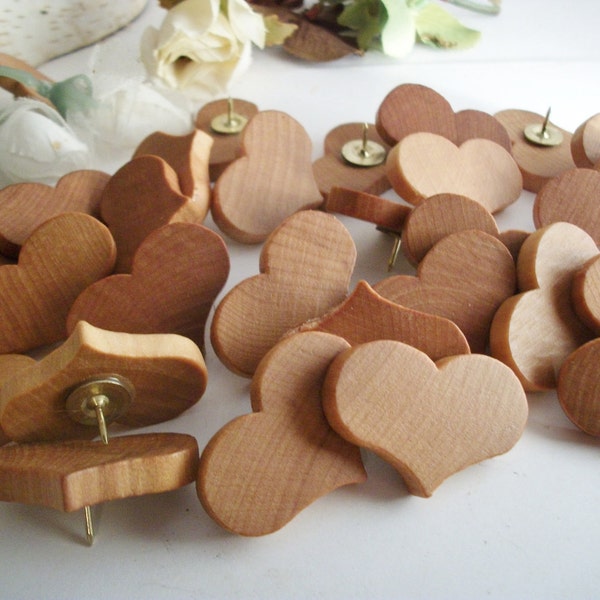 32 Wooden Heart Thumb Tacks/Push Pins Maple Wood  for Wedding Boards, Bulletin Message Boards,  Office Decor