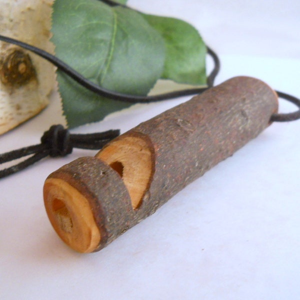 Rustic Wood Whistle made from Spruce Tree Branches - Leather Suede Cord - For Camping, Hiking, or Nature Lovers