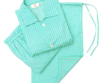 Men&#39;s Pajamas Set, Lined Pj Sets for Men, 100% Cotton Long Sleeves & Pajamas pants, Breathable And Light Cotton Pjs (Green With Blue Lined)