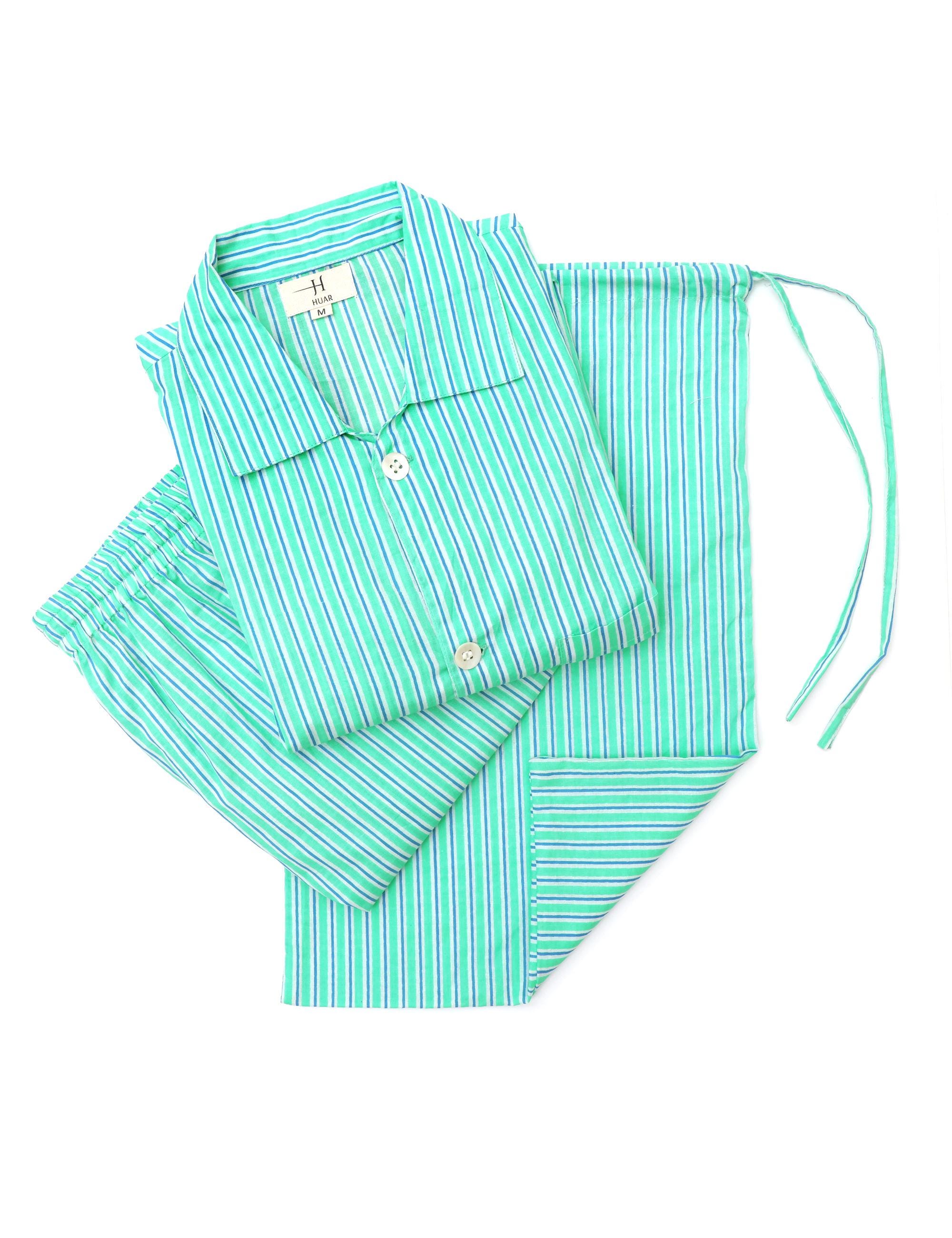 Men's Cotton Pajama Set: Green & Blue Striped PJs