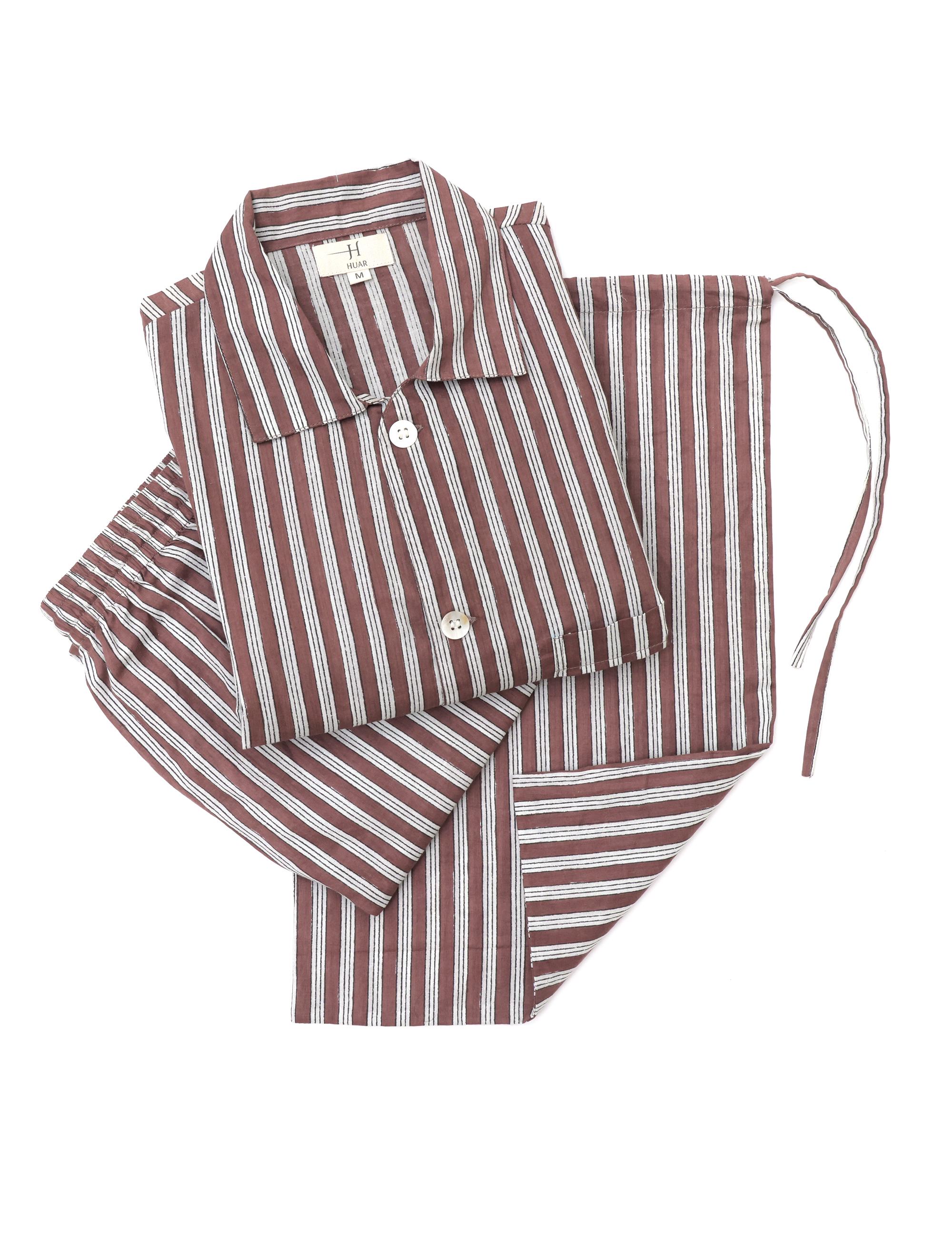 Men's Pajamas Set, Lined Pj Sets for Men, 100% Cotton Long Sleeves and Pajamas pants, Breathable And Light Cotton Pjs (Brown & White Lined)