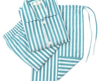 Pijama de algodón a rayas verde azulado para hombre: manga larga