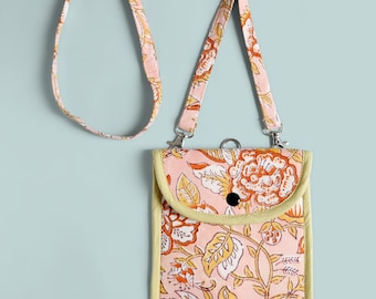 Floral Print Cotton Phone Sling Bag, Adjustable Strap