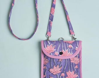 Floral Print Cotton Sling Bag, Adjustable Strap Phone Holder