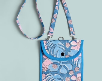 Floral Print Cotton Phone Sling Bag, Adjustable Strap