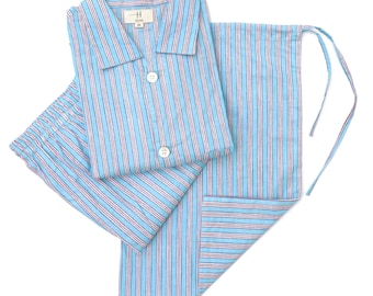 Men&#39;s Pajamas Set, Lined Pj Sets for Men, 100% Cotton Long Sleeves & Pajamas , Breathable And Light Cotton Pjs (Light Blue With Brown Lined)