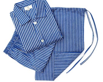 Men&#39;s Pajamas Set, Lined Pj Sets, 100% Cotton Long Sleeves And Pajamas, Breathable And Light Cotton Pjs (Blue With Black and White Lined)