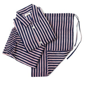 Men&#39;s Pajamas Set, Lined Pj Sets for Men, 100% Cotton Long Sleeves and Pajamas, Breathable And Light Cotton Pjs (Navy Blue With Red Lined)