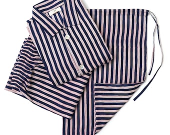Men&#39;s Pajamas Set, Lined Pj Sets for Men, 100% Cotton Long Sleeves and Pajamas, Breathable And Light Cotton Pjs (Navy Blue With Red Lined)