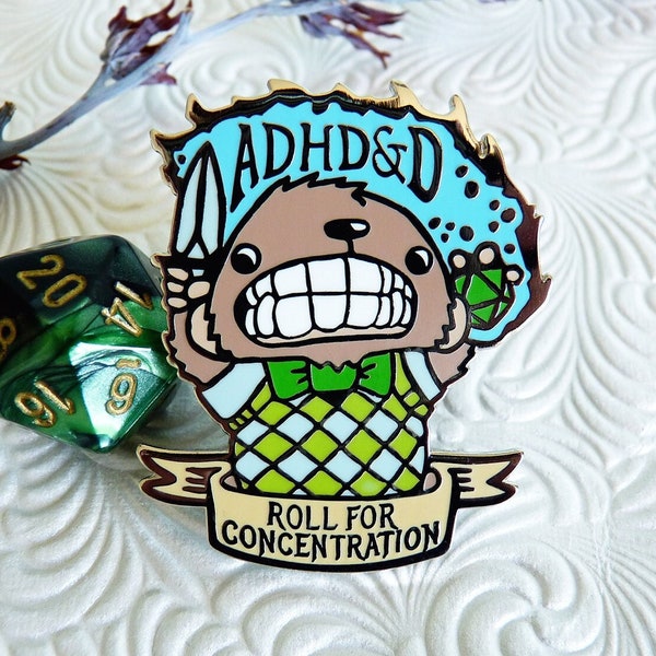 ADHD Pin, DnD Enamel Pin, RPG Pin, D20 Pin, DnD Gifts, D and D Gifts, ADHDnD Bear Pin