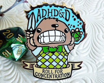 ADHD Pin, DnD Enamel Pin, RPG Pin, D20 Pin, DnD Gifts, D and D Gifts, ADHDnD Bear Pin