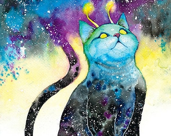 Space Cat Art, Galaxy Wall Art, Celestial Watercolor, Alien, UFO, Space Gift, Cat Watercolor Painting - Gadzooks Galaxy Cat 11x14 Art Print