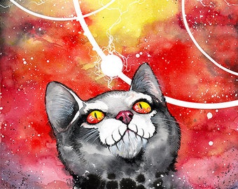 Halloween svart katt, Halloween kattkonst, Halloween kattdekor, rymdkattkonst, svart kattkonst - The Darkest Floof 11x14 akvarell katttryck