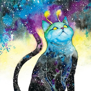 Space Cat Art, Galaxy Wall Art, Celestial Watercolor, Alien, UFO, Space Gift, Cat Watercolor Painting - Gadzooks Galaxy Cat 11x14 Art Print