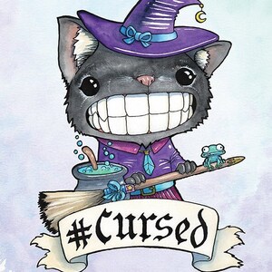 Lámina de gato maldito, lámina de arte de bruja, arte de gato negro, decoración de Halloween, arte de Halloween, arte espeluznante y tierno, arte oscuro, regalos de brujas