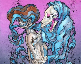 Impresión artística Radiant Gloom, impresión artística de Halloween, impresión artística oscura, arte gótico, regalo de Halloween, arte del tatuaje, arte del esqueleto, impresión de acuarela de 11 x 14
