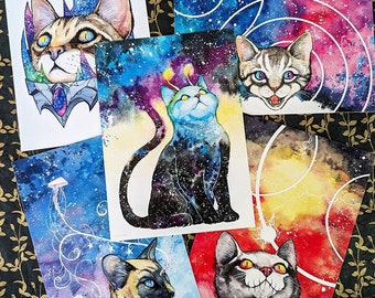 Space Cat Prints, Celestial Watercolor, Space Cat Art, Cat Watercolor, Stocking Stuffer, Cat Lover Gift - Meowter Space Set of 5 Mini Prints