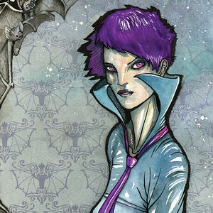 May include: A woman with short, purple hair and a blue shirt with a purple tie. She has a serious expression on her face. The background is a gray and white pattern of bats.
