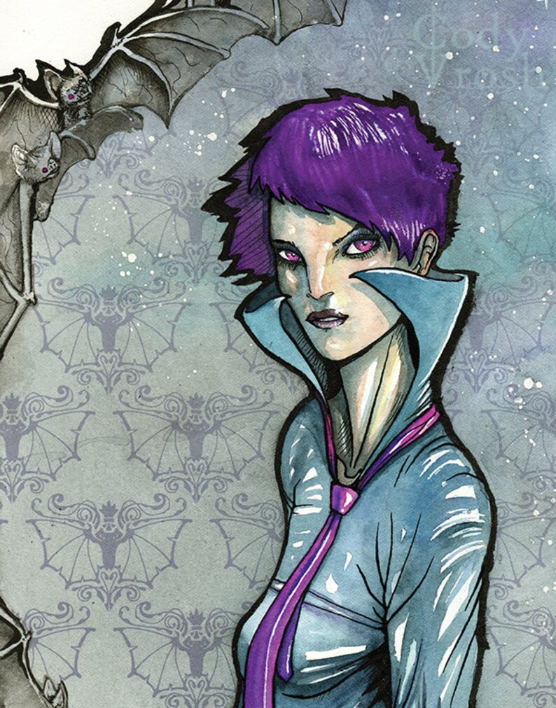 May include: A woman with short, purple hair and a blue shirt with a purple tie. She has a serious expression on her face. The background is a gray and white pattern of bats.