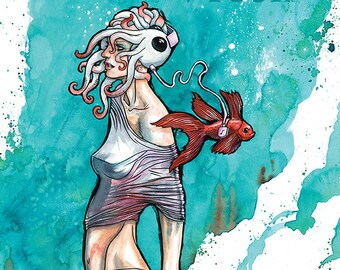Octopus Art Print, Octopus Gifts, Betta Fish Art, Watercolor Gifts, Watercolor Painting, Art Print - Noise Cancelling Tentacles 11x14&quot; Print
