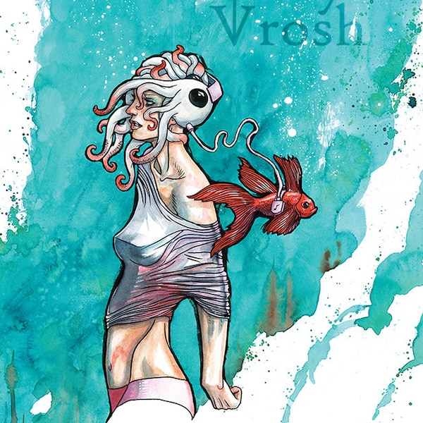 タコのアートプリント、タコのギフト、ベタの魚のアート、水彩画のギフト、水彩画、アートプリント - ノイズキャンセリング触手 11x14 インチ プリント