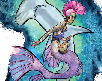 Mermaid Art Print, Mermaid Gifts for Women, Mermaid Decor, Mythical Creatures, Ocean Art, Music Gifts - Swim Fast, Sink Young 11x14 Print