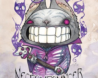 Konsttryck med varelse av nekromeägare, tänder, Halloweenkonst, Halloweendekor, Halloweenkatt, svart kattkonst, kuslig konst, kattkonst 8,5x11" tryck