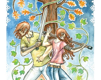 Iron Druid Chronicles, Urban Fantasy, Fantasy Art, Book Art, Celtic Mythology - Atticus and Granuaile 11x14&quot; Print by Cody Vrosh
