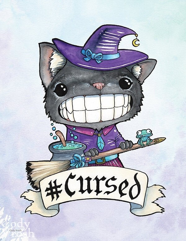 Cursed Cat Art Print, Witch Art Print, Black Cat Art, Halloween Decor ...