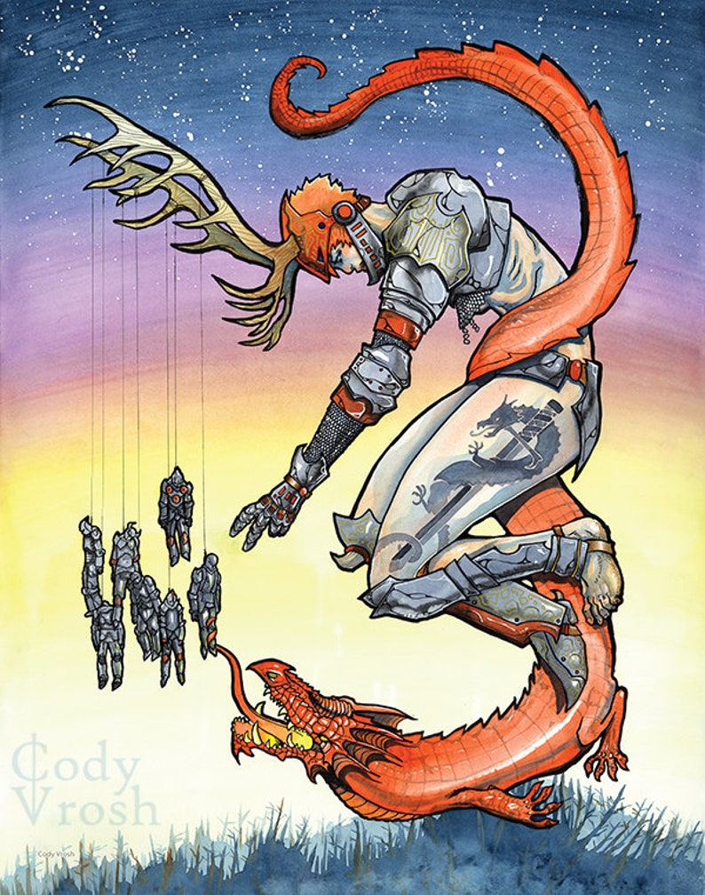K&ouml;nnte beinhalten: Ein Aquarellbild eines roten Drachen, auf dessen R&uuml;cken eine humanoide Figur reitet. Die Figur tr&auml;gt eine R&uuml;stung und hat Geweih. Der Drache ist zu einem Kreis zusammengerollt, und die Figur streckt eine Hand aus. Mehrere kleinere Figuren h&auml;ngen an den Geweihen, ebenfalls in R&uuml;stung.
